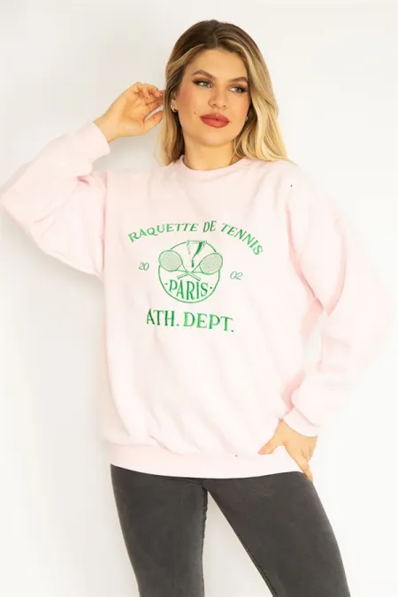 Women's Pink 3-Thread Ribbed Polar Fleece Embroidered Sweatshirt 65N35073