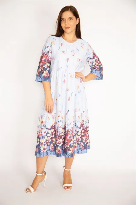 Kadın Mavi Pamuklu Kumaş Katlı Elbise 65N34949