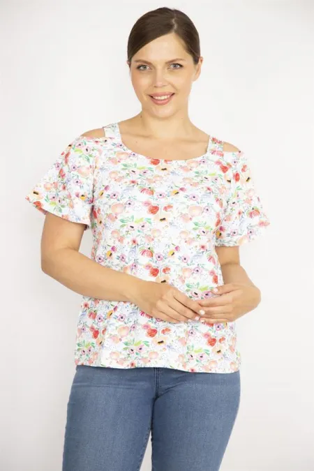 Kadın Renkli Büyük Beden Omuz Dekolteli Askılı Bluz