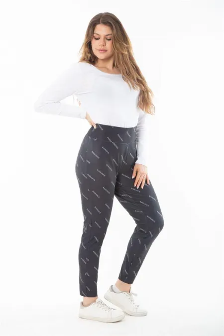 Kadın Büyük Beden Siyah Deri Görünümlü Bel Lastikli Spor Pantolon 65N37311