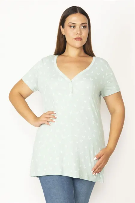 Kadın Yeşil Patı Düğmeli V Yakalı Kelebek Baskılı Bluz 65N28040