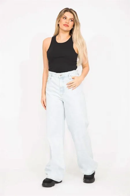 Kadın Büyük Beden Mavi Yıkama Efektli Yırtık Detaylı Yüksek Bel Kot Pantolon 65N36779