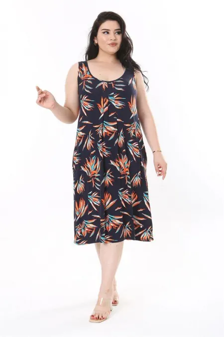 Kadın Büyük Beden Renkli Bisiklet Yakalı Göğüs Pileli Kolsuz Uzun Elbise 65N37946