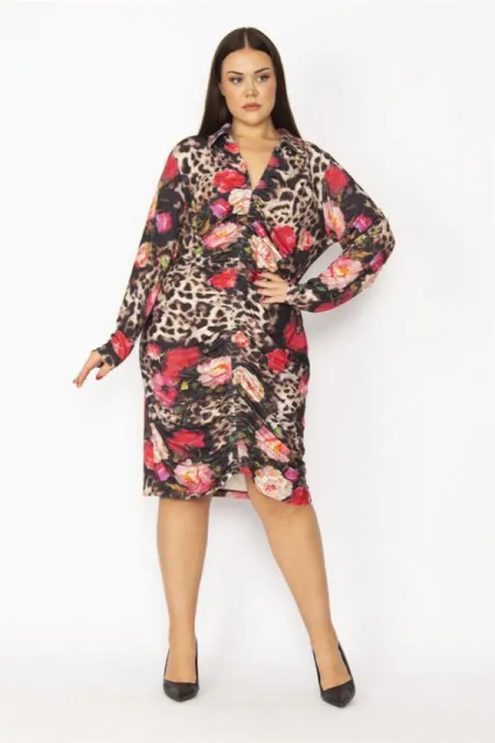 Kadın Desenli V Yakalı Ön Orta Ve Yakası Büzgü Detaylı Uzun Kollu Desenli Elbise 65N28953