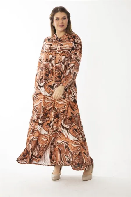 Kadın Büyük Beden Renkli Dokuma Viskon Kumaş Ön Boy Düğmeli Etek Ucu Katlı Elbise 65N37087