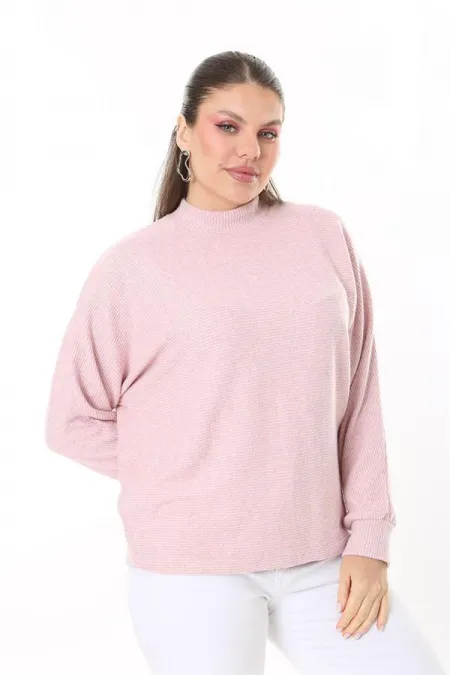 Kadın Büyük Beden Bebe Mavisi Yün Viskon Kumaş Yarasa Kollu Bluz 65N37703