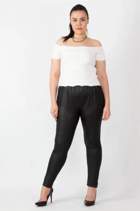 Women's Black Leather Look Elastic Waist Leggings Trousers 65N16748