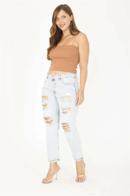 Kadın Büyük Beden Mavi Yırtık Detaylı 5 Cep Kot Pantolon 65N36812