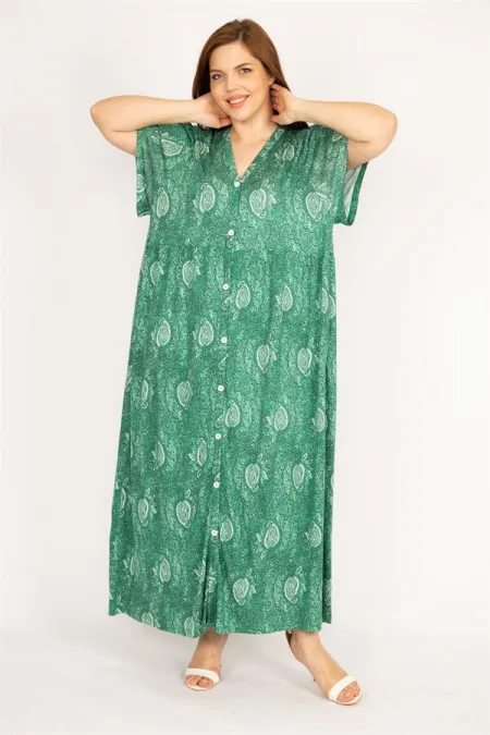 Kadın Siyah Büyük Beden Ön Boy Düğmeli Cepli Uzun Elbise