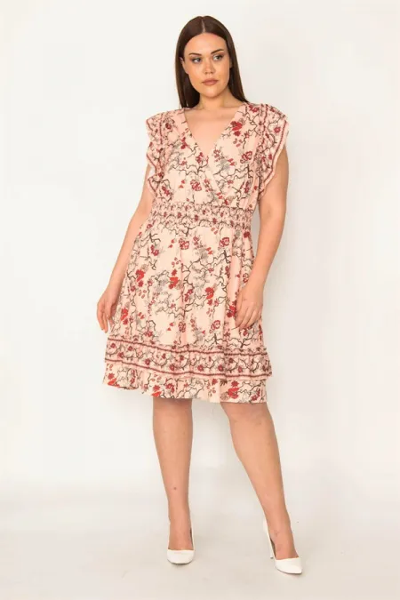 KADIN RENKLİ BELİ GİPE LASTİKLİ ANVELOP YAKA KOL VE ETEK UCU FIRFIRLI KATLI ELBİSE