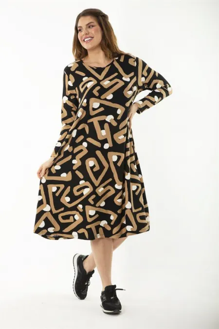 Kadın Büyük Beden Renkli Uzun Kollu Desenli Elbise 65N37189