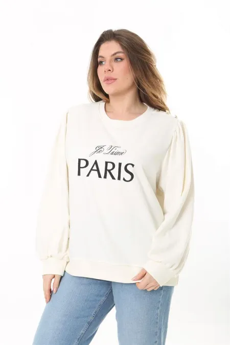 Kadın Büyük Beden Kemik Omuz Büzgülü Nakış Ve Süs Düğme Detaylı Sweatshirt 65N37526