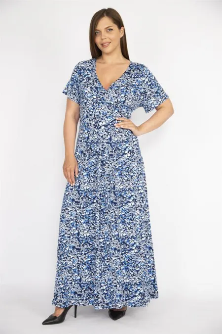 Kadın Mavi Büyük Beden Anvelop Yakalı Likralı Viskon Kumaş Kısa Kollu Uzun Elbise