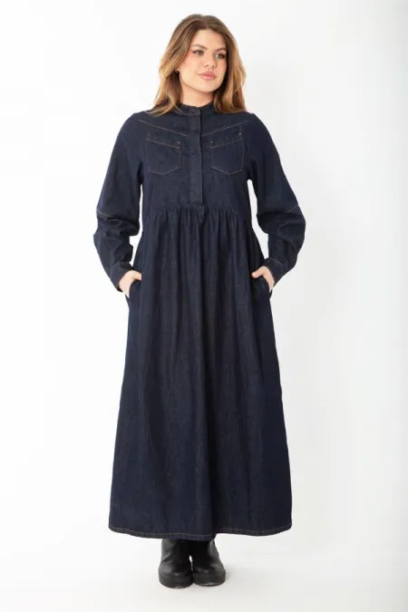 Kadın Lacivert Gizli Pat Metal Düğmeli Kot Elbise 65N37375