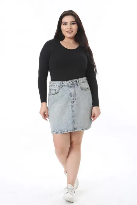 Kadın Büyük Beden Mavi Yıkama Efektli Kot Etek 65N38500