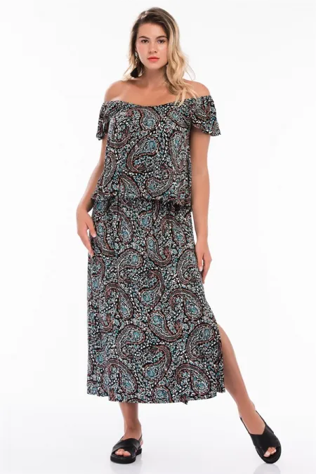 Kadın Renkli Volan Detaylı Yaka Lastikli Şal Desen Elbise 65N26750