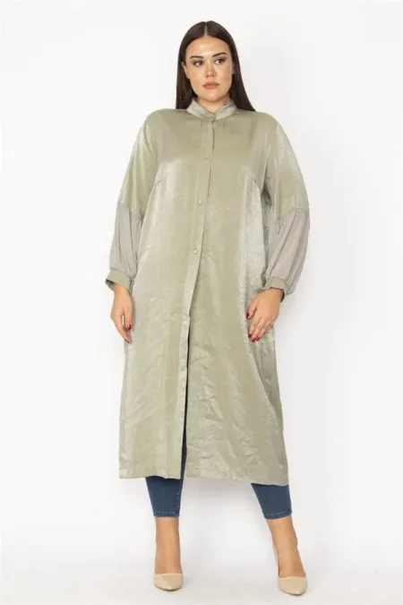 Kadın Siyah Simli Kumaş Kol Ağzı Şifon Detaylı Hakim Yaka Ön Düğmeli Uzun Kap 65N28483