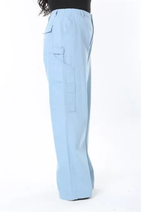 Kadın Büyük Beden Mavi Yüksek Bel Kargo Cepli Geniş Paçalı Kot Pantolon 65N38896