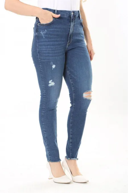 Kadın Büyük Beden Lacivert Yüksek Bel Yırtık Detaylı Skınny Kot Pantolon 65N38030