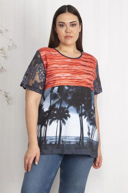 Kadın Lacivert Kolları Dantel Detaylı Desenli Bluz 65N22466