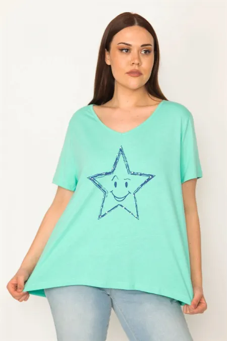 KADIN YEŞİL TAŞ BASKILI V YAKALI BLUZ