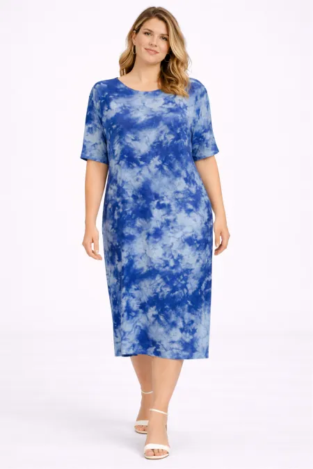Kadın Büyük Beden Mavi, Batik Desen Viskon Elbise 65N39469
