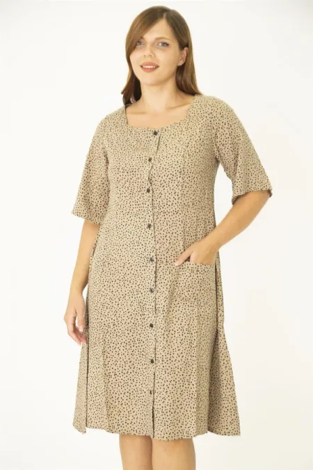 Kadın Büyük Beden Lacivert Dokuma Viskon Kumaş Ön Düğmeli Cepli Elbise 65N36785