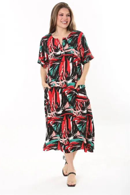 Kadın Büyük Beden Siyah Dokuma Viskon Kumaş Ön Pat Düğmeli Uzun Elbise 65N37861