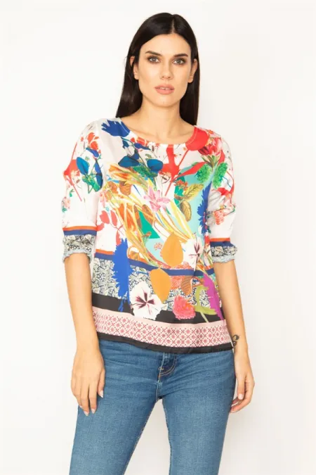 BLOUSE COLORÉE À COL RAS DU COU À MOTIF FLEURI POUR FEMME