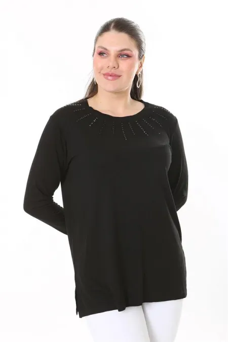 Kadın Büyük Beden Siyah Taş Ve Arka Robası Dantel Detaylı Uzun Kollu Bluz 65N37694