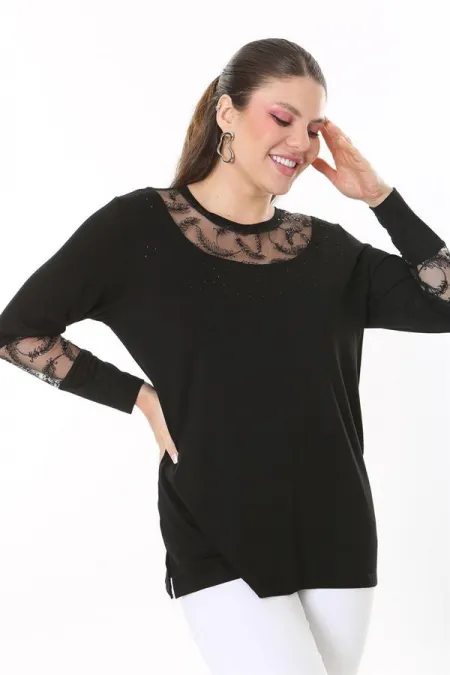 Kadın Büyük Beden Siyah Taş Ve Pul Payet Tül Detaylı Uzun Kollu Bluz 65N37693