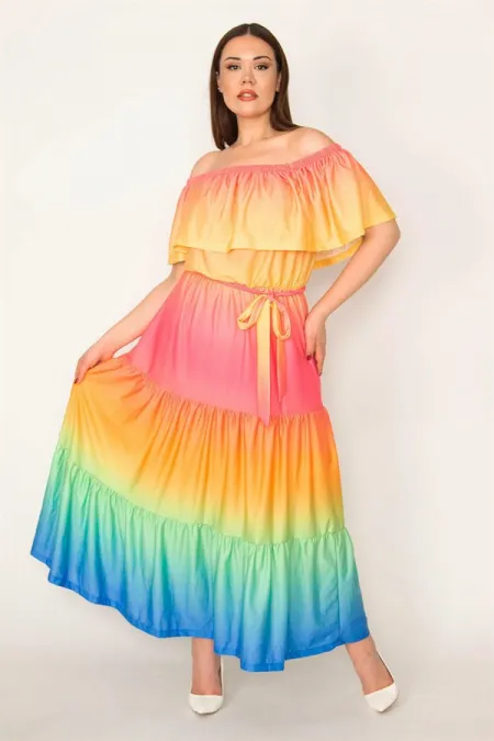 ROBE COLORÉE À SUPERPOSITIONS POUR FEMME AVEC COL ÉLASTIQUE ET À VOLANTS