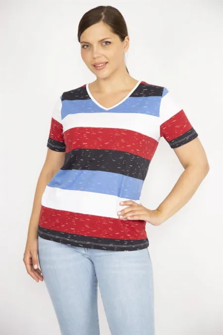 Kadın Renkli Büyük Beden Pamuklu Kumaş V Yakalı Kısa Kollu Bluz