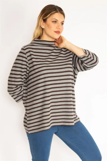 Kadın Gri Sıfır Yaka Çizgili Bluz 65N35169