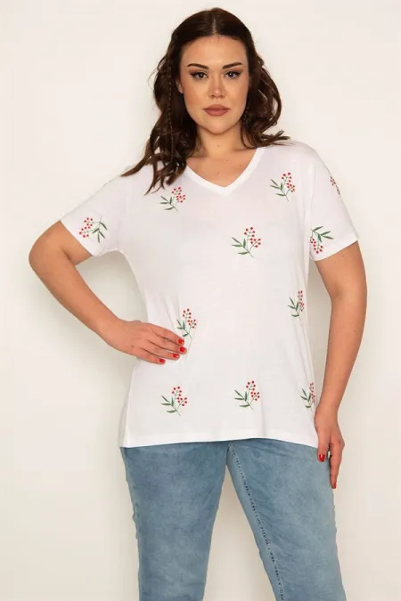 KADIN BEYAZ V YAKALI NAKIŞ DETAYLI BLUZ