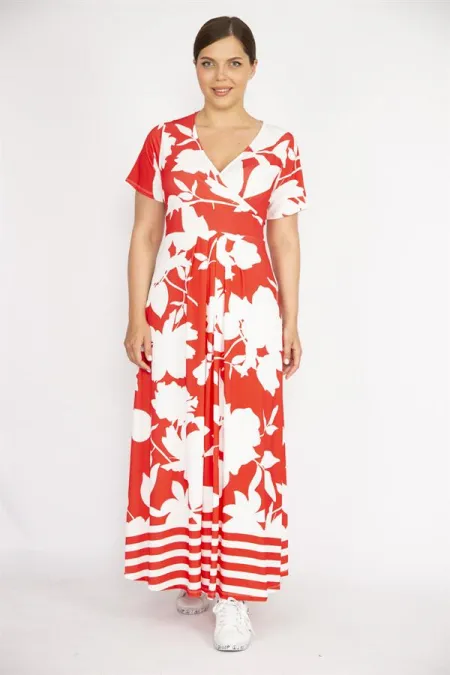 Kadın Kırmızı Büyük Beden Anvelop Yakalı Uzun Elbise