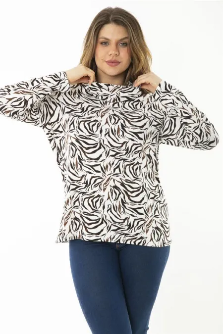 Kadın Büyük Beden Renkli Boğazlı Yaka Uzun Kollu Bluz 65N37145