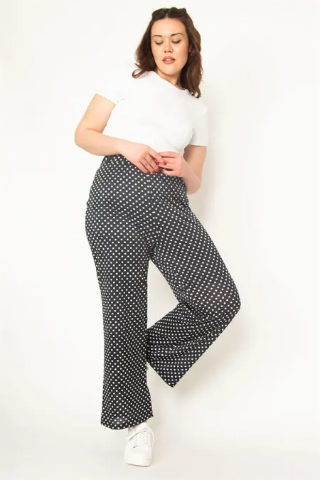 Kadın Lacivert Yarım Astarlı Beli Lastikli Puan Desenli Pantolon 65N32719