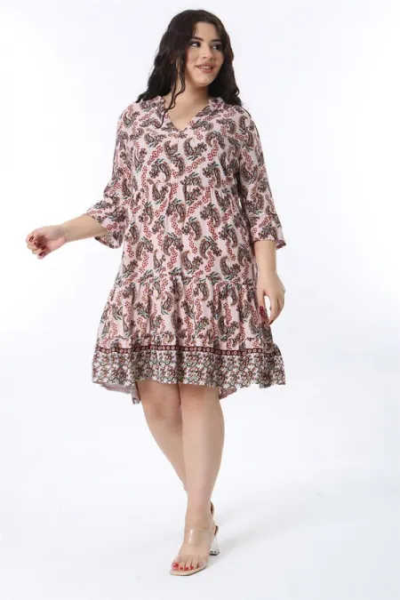 Kadın Büyük Beden Renkli V Yakalı Katlı Elbise 65N38583