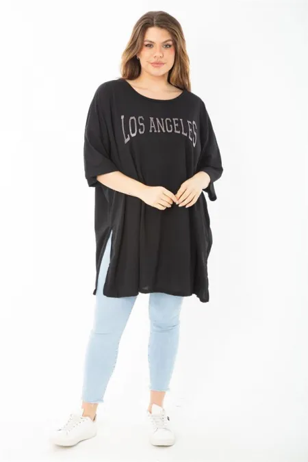 Kadın Büyük Beden Siyah Sim Detaylı Yan Yırtmaçlı Bluz 65N37452