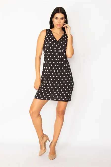 KADIN SİYAH ANVELOP YAKALI PUAN DESEN ELBİSE