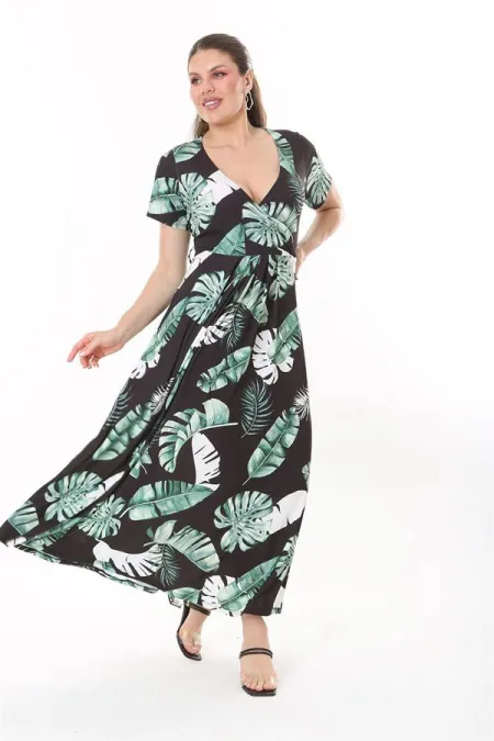 Kadın Büyük Beden Yeşil Anvelop Yakalı Uzun Elbise 65N37735