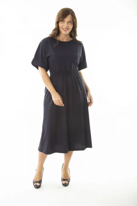 Kadın Büyük Beden Lacivert Beli Gipe Lastik Detaylı Yarasa Kol Elbise 65N36900