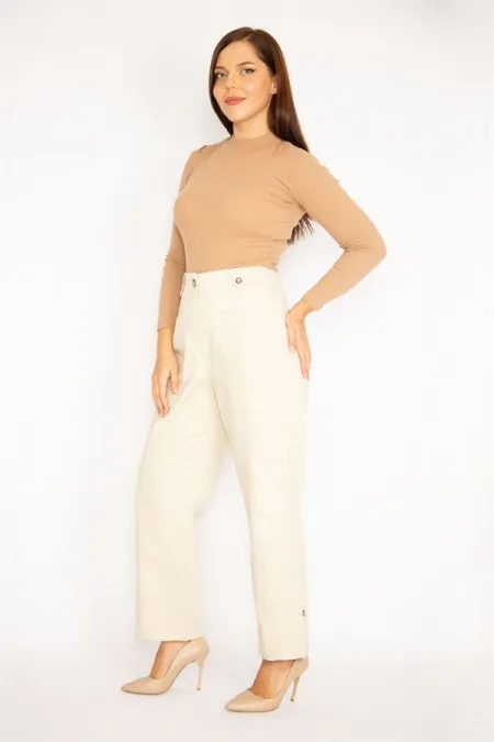 Kadın İndigo Ön Cepli Paçası Düğme İle Duble Paça Boy Ayarlı Gabardin Kumaş Pantolon 65N34888