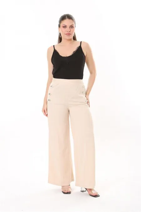 Kadın Büyük Beden Beyaz Süs Metal Düğmeli Cepsiz Pantolon 65N37817