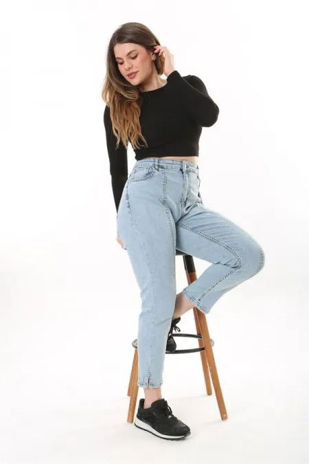 Kadın Büyük Beden Mavi Kup Dikiş Detaylı Likralı 5 Cep Kot Pantolon 65N37641