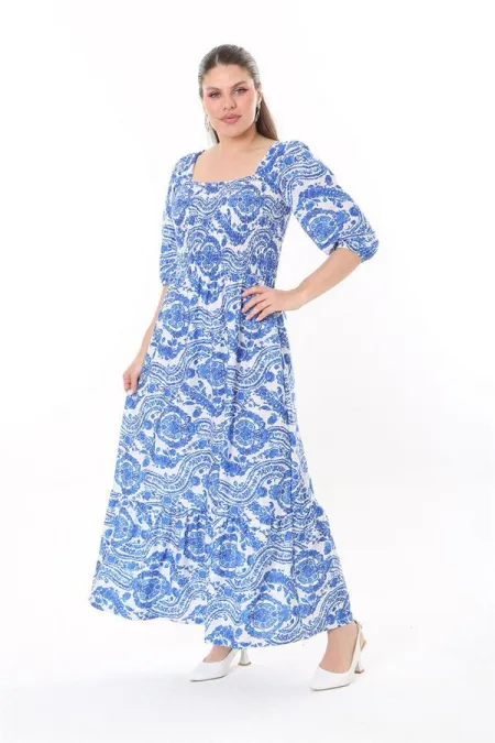 Kadın Büyük Beden Mavi Göğüs Kısmı Gipe Lastikli Etek Ucu Katlı Uzun Elbise 65N37737