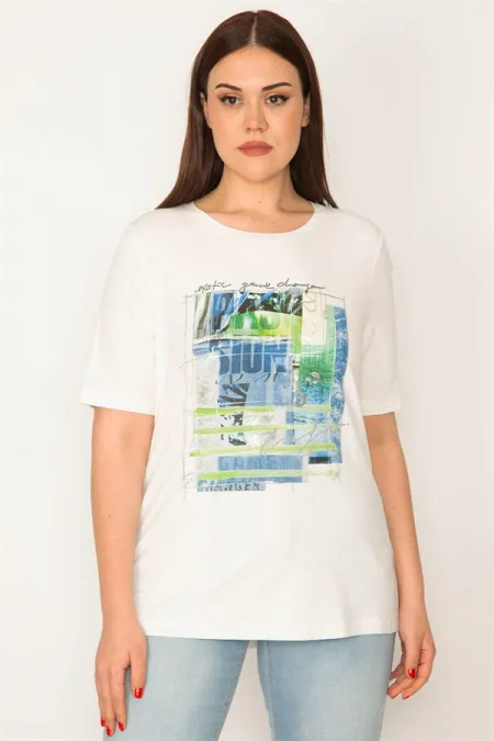 KADIN BEYAZ TAŞ VE LAK BASKILI BLUZ