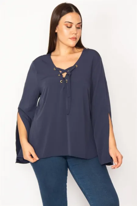 KADIN BEYAZ YAKASI KUŞGÖZLÜ BAĞCIK DETAYLI KOL YIRTMAÇLI ÇİZGİLİ BLUZ