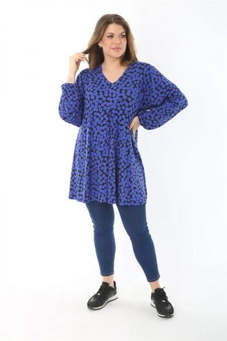 Kadın Büyük Beden Saks Önü A Pileli V Yakalı Bluz 65N37467